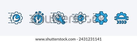 Gear repair icon set. Fast or quick time to fix icon. Wrench, speed with check mark. Containing maintenance, service, support, technical, engineering, setting, setup. Vector illustration