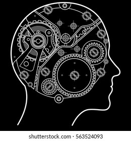 Gear repeating unit of mechanical watches depicted inside the human head It symbolizes the process of thinking, the emergence of ideas, decision-making and artificial intelligence.