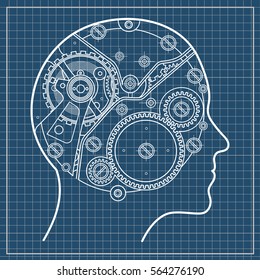 Gear repeating unit of mechanical watches depicted inside the human head It symbolizes the process of thinking, the emergence of ideas, decision-making and artificial intelligence.