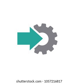 Gear and right blue arrow icon isolated on white. Green and grey colors. Vector flat illustration for technology or innovation. Technology pictogram. Gear Integration.