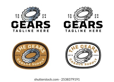 gear ring engine colorful logo design set for garage, automotive, motorcycle club mechanical gear, jagged, serrated crossed illustration outline badge logo template for racing sport 