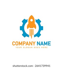 Gear rocket logo icon for brand elevate, launch business startup project management
