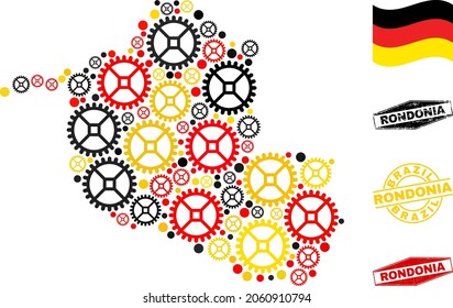 Gear Rondonia State map mosaic and stamps. Vector collage is created from repair service icons in variable sizes, and German flag official colors - red, yellow, black.