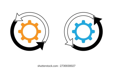  Icono de rotación del engranaje. Símbolo de proceso de flecha. Señales de trabajo de engranajes. Símbolos de la rueda del Actualizar. Repita los iconos de rueda dentada. Iconos de engranajes girando en movimiento circular para el concepto de proceso comercial. 