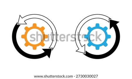  Gear rotate icon. Arrow process symbol. Cog work signs. Update wheel symbols. Repeat cogwheel icons. Gear icons rotating in circular motion for business process concept. 