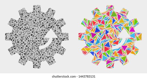 Gear rotation collage icon of triangle items which have various sizes and shapes and colors. Geometric abstract vector design concept of gear rotation.