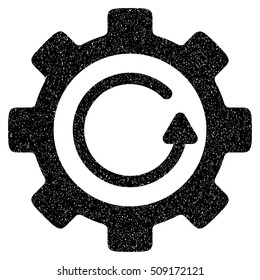 Gear Rotation Direction grainy textured icon for overlay watermark stamps. Flat symbol with scratched texture. Dotted vector black ink rubber seal stamp with grunge design on a white background.