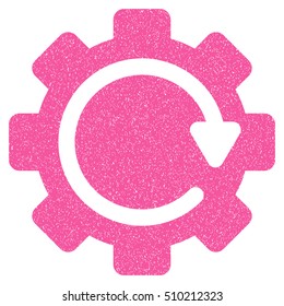 Gear Rotation Direction grainy textured icon for overlay watermark stamps. Flat symbol with dust texture. Dotted vector pink ink rubber seal stamp with grunge design on a white background.