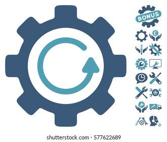 Gear Rotation Direction icon with bonus setup tools design elements. Vector illustration style is flat iconic cyan and blue symbols on white background.