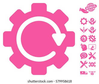 Gear Rotation Direction icon with bonus setup tools design elements. Vector illustration style is flat iconic pink symbols on white background.
