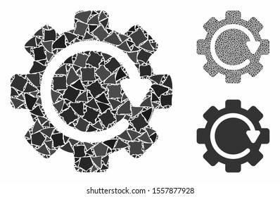 Gear rotation direction mosaic of unequal parts in different sizes and color tones, based on gear rotation direction icon. Vector bumpy parts are composed into illustration.