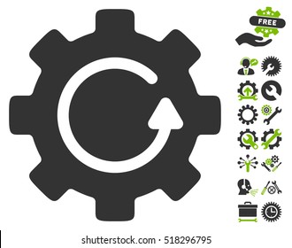 Gear Rotation icon with bonus service images. Vector illustration style is flat iconic eco green and gray symbols on white background.