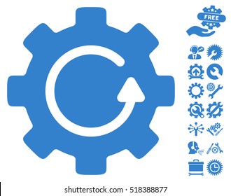 Gear Rotation icon with bonus settings design elements. Vector illustration style is flat iconic cobalt symbols on white background.