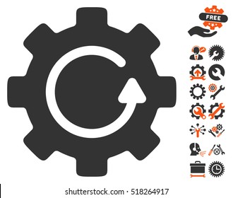 Gear Rotation icon with bonus setup tools pictograph collection. Vector illustration style is flat iconic orange and gray symbols on white background.