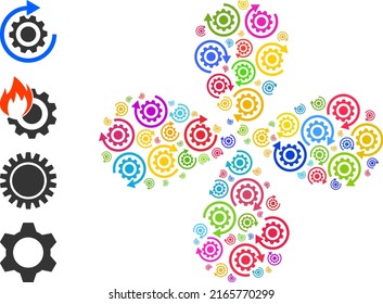 Gear rotation icon multi colored explosion flower with 4 petals composition. Element flower with four petals combined from random gear rotation symbols. Vector flower icon collage in flat style.