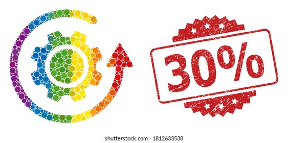 Gear rotation mosaic icon of round dots in various sizes and LGBT colored color hues, and 30% corroded rosette stamp. A dotted LGBT-colored Gear rotation for lesbians, gays, transgenders,