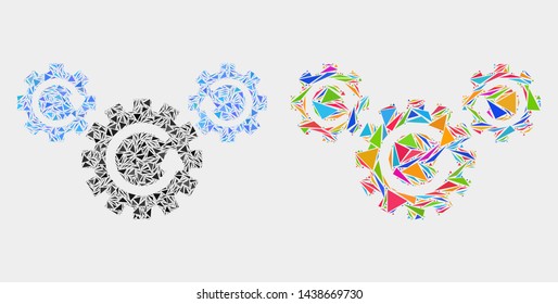 Gear rotation mosaic icon of triangle items which have various sizes and shapes and colors. Geometric abstract vector design concept of gear rotation.