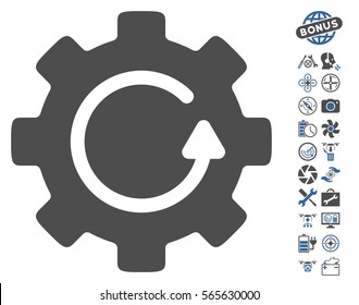 Gear Rotation pictograph with bonus drone tools pictures. Vector illustration style is flat iconic cobalt and gray symbols on white background.
