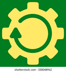 Gear Rotation vector icon. Style is flat symbol, yellow color, rounded angles, green background.
