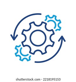 Gear and Round Arrow Business Technology Process color Line Icon. Workflow Cog Wheel Symbol Linear Pictogram. Circle Gear Work Progress Outline Icon. Editable Stroke. Isolated Vector Illustration.