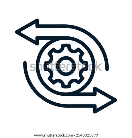 Gear, round arrow in opposite direction. Technical compatibility concept. Vector linear icon isolated on white background.