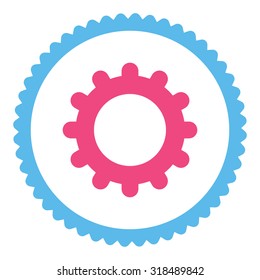 Gear round stamp icon. This flat vector symbol is drawn with pink and blue colors on a white background.
