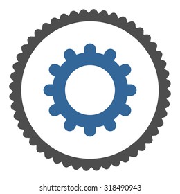 Gear round stamp icon. This flat vector symbol is drawn with cobalt and gray colors on a white background.