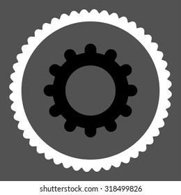 Gear round stamp icon. This flat vector symbol is drawn with black and white colors on a gray background.