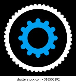 Gear round stamp icon. This flat vector symbol is drawn with blue and white colors on a black background.