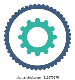 Gear round stamp icon. This flat vector symbol is drawn with cobalt and cyan colors on a white background.