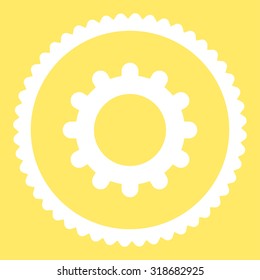 Gear round stamp icon. This flat vector symbol is drawn with white color on a yellow background.