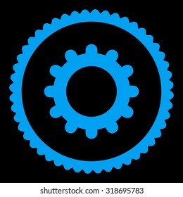 Gear round stamp icon. This flat vector symbol is drawn with blue color on a black background.