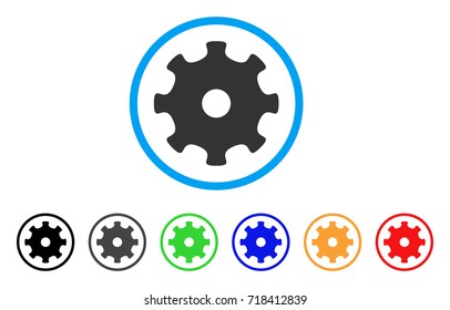 Gear rounded icon. Style is a flat gear grey symbol inside light blue circle with black, gray, green, blue, red, orange color versions. Vector designed for web and software interfaces.