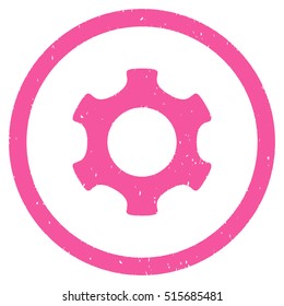 Gear rubber seal stamp watermark. Icon symbol inside circle frame with grunge design and dust texture. Scratched vector pink ink sign on a white background.