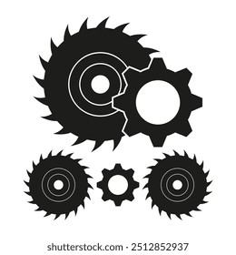 Icono de engranaje y sierra. Símbolo de rueda dentada de Industrial. Elementos mecánicos negros. Ilustración de herramientas de ingeniería.