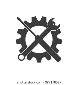 Gear, screwdriver and wrench vector icon. Auto service logo. Isolated on white.

