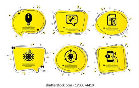 Gear, Scroll down and Payment icons simple set. Yellow speech bubbles with dotwork effect. Spanner, Idea and Call center signs. Work process, Mouse swipe, Cash money. Vector