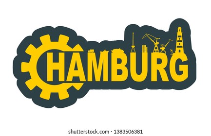 Gear with sea shipping and travel relative silhouettes.. Calligraphy inscription. Hamburg city name text