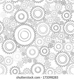 Gear seamless pattern. Sketch lines.