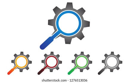 Gear search logo, magnifying optical glass with gears icon, industry, equipment and repair vector icon