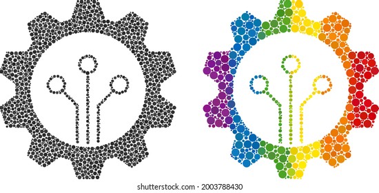 Gear sensor collage icon of circle spots in variable sizes and rainbow color hues. A dotted LGBT-colored gear sensor for lesbians, gays, bisexuals, and transgenders.