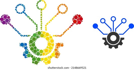 Gear sensor collage icon of spheric dots in variable sizes and rainbow bright shades. A dotted LGBT-colored gear sensor for lesbians, gays, bisexuals, and transgenders.