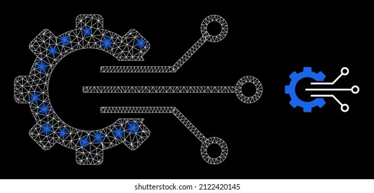 Gear sensor icon and constellation net mesh gear sensor model with bright spots. Illuminated model is generated from gear sensor vector icon and polygonal mesh. Bright frame gear sensor,