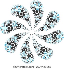 Gear sensor icon twirl spin turbine fireworks composition. Turbine twirl done using random gear sensor symbols.