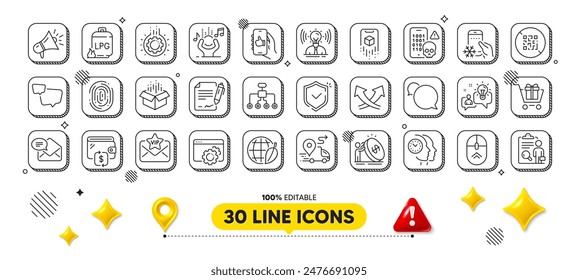 Gear, Seo gear and Like app line icons pack. 3d design elements. Vip mail, Refrigerator app, Restructuring web icon. Shield, Cyber attack, Wallet pictogram. Vector