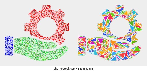Gear service hand mosaic icon of triangle elements which have different sizes and shapes and colors. Geometric abstract vector illustration of gear service hand.