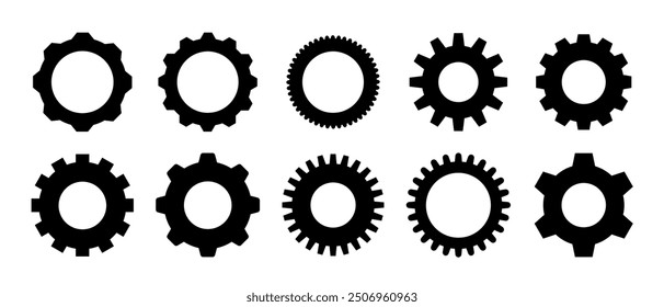 Juego de engranajes. Conjunto de engranajes negros. Icono de Vector de ajuste de engranajes. Rueda de engranaje aislado sobre fondo blanco