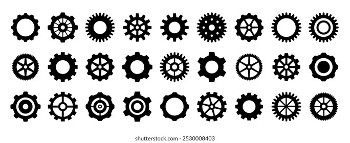 Juego de engranajes. Conjunto de engranajes negros. Icono de Vector de ajuste de engranajes. Rueda de engranaje aislado sobre fondo blanco