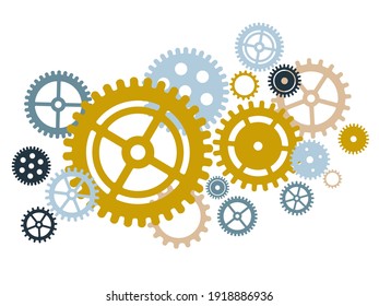 Gear set compilation in gold silver colors. Teamwork concept. Cogwheel elements mechanism. Motor or clock circle parts with cogs. Teamwork process with gear cogwheels concept. Vector Illustration.