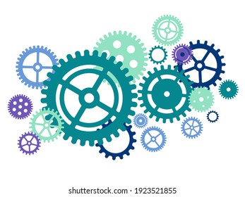 Gear set compilation in green color. Teamwork concept. Cogwheel elements mechanism. Motor or clock circle parts with cogs. Teamwork process with gear cogwheels concept. Vector Illustration.